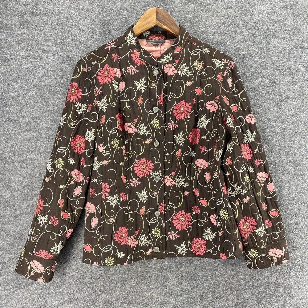 Amber Sun Jacket Women L Large Brown Floral Button Up Long Sleeve Pockets Casual